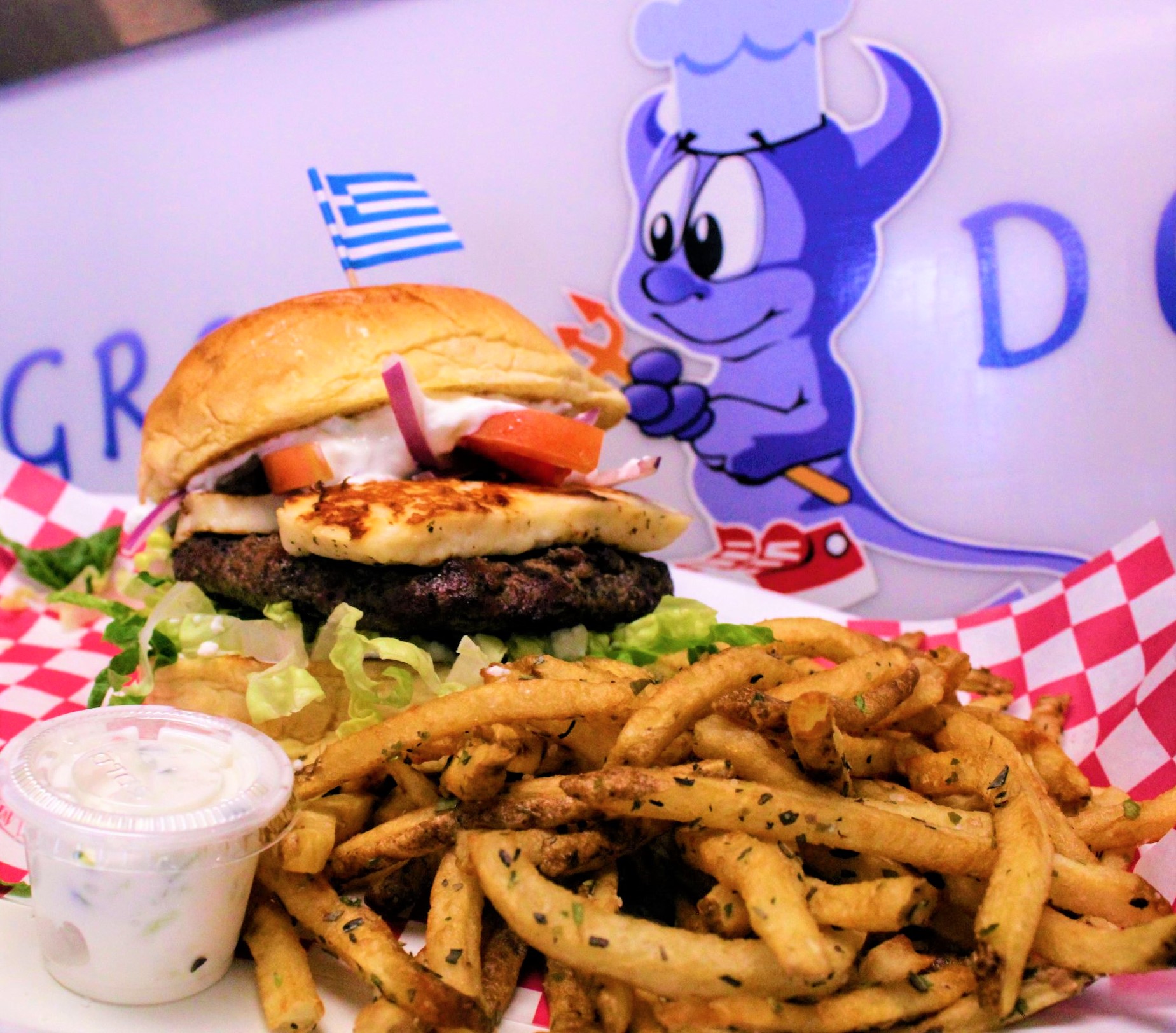 Order Greek Burger food online from Gussy's Place store, Durham on bringmethat.com
