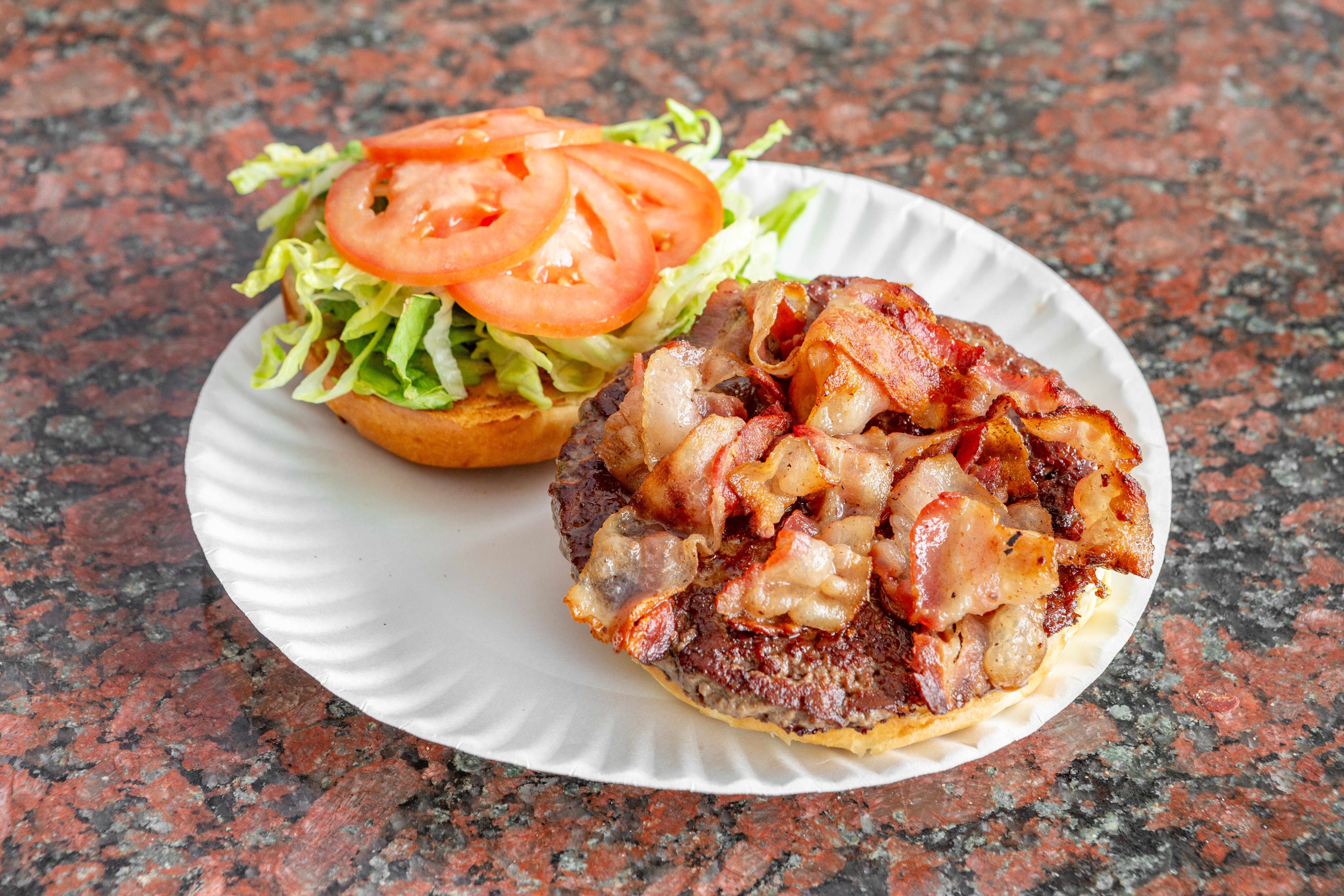 Order Bacon Hamburger - Burger food online from Theo's Pizzeria & Grill - Belmont store, Belmont on bringmethat.com