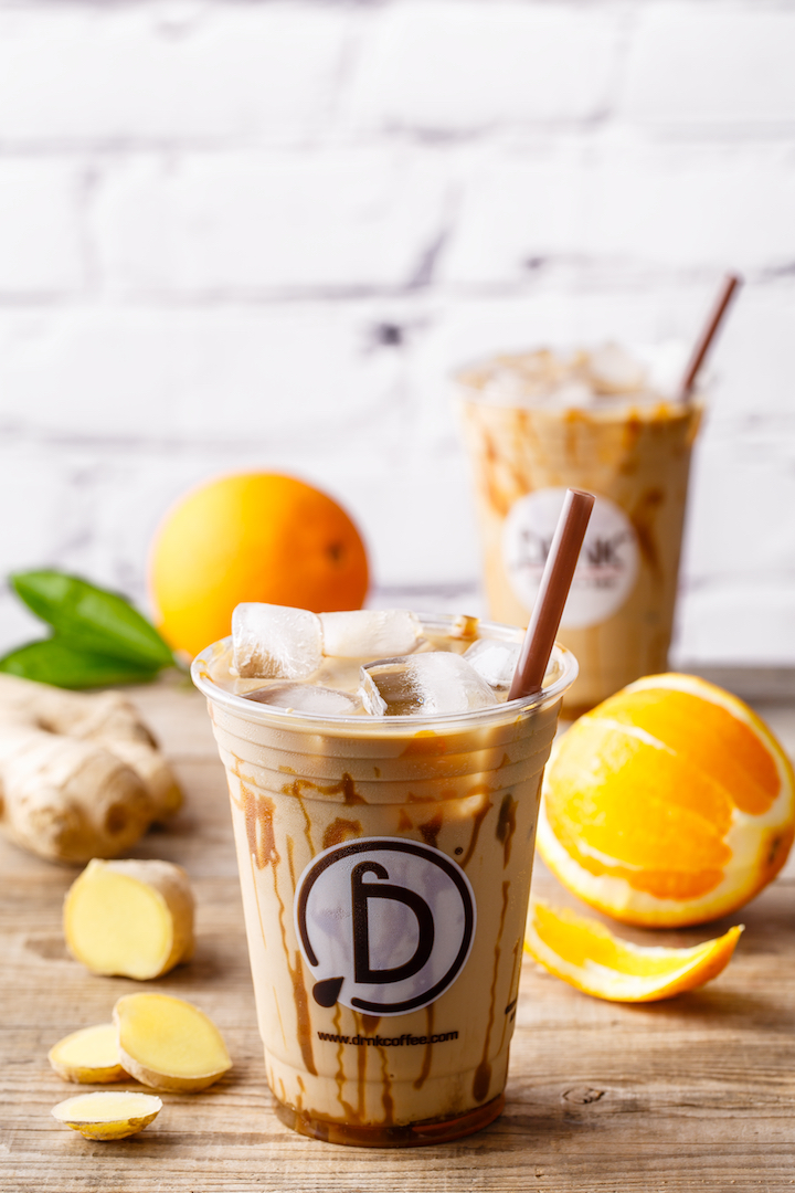Order Iced Orange Ginger Latte food online from Drnk Coffee + Tea store, Sterling on bringmethat.com