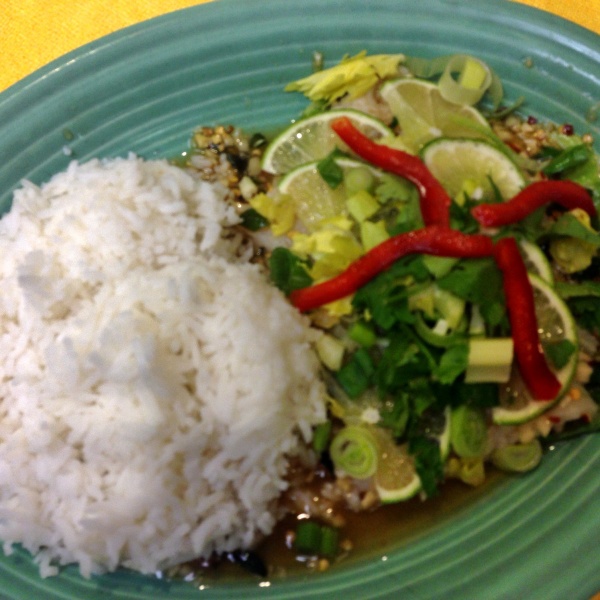Order SN8. Steamed Fish over Rice food online from Dokbua Thai Kitchen store, Brookline on bringmethat.com