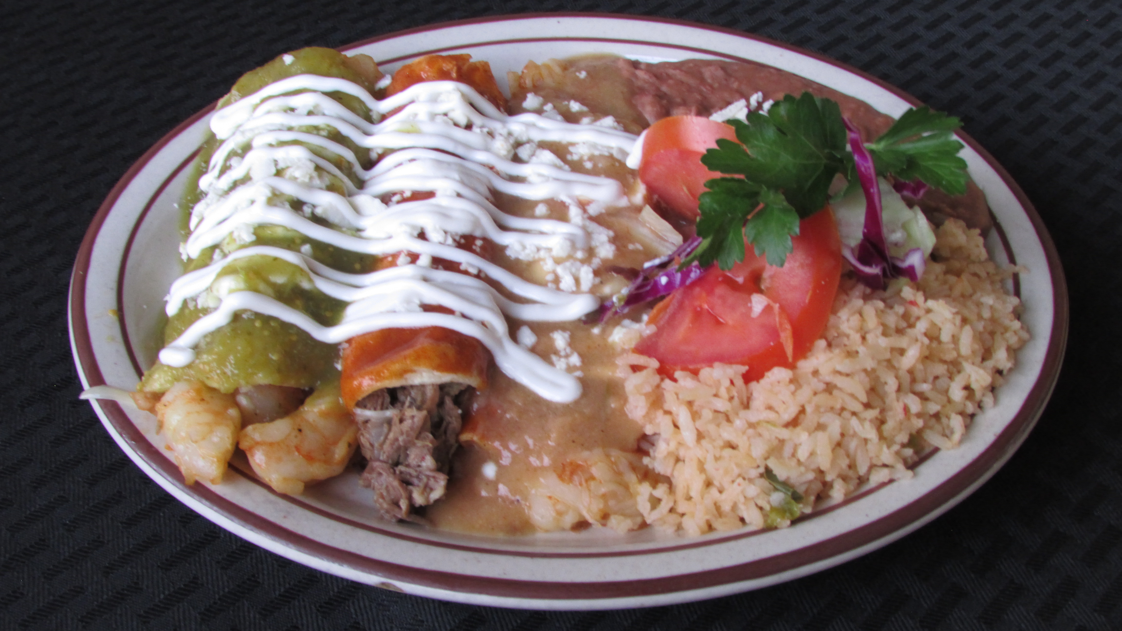Order Enchiladas "Tres Amigos" food online from Tortillas Restaurant store, Cathedral City on bringmethat.com