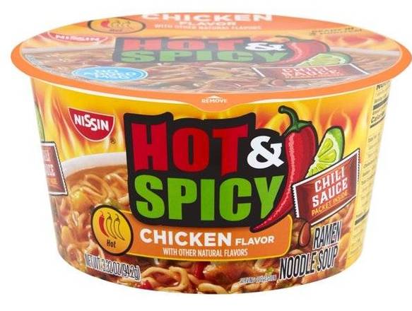 Order Nissin Bowl Noodles Hot & Spicy Chicken Flavor Ramen Noodle Soup, 3.32 Oz food online from Pacific Liquor Market store, Bell Gardens on bringmethat.com