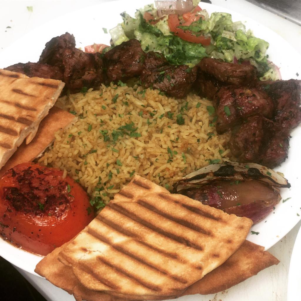 Order Grilled lamb Kabobs Platter food online from Flames Mediterranean & Grill store, Memphis on bringmethat.com