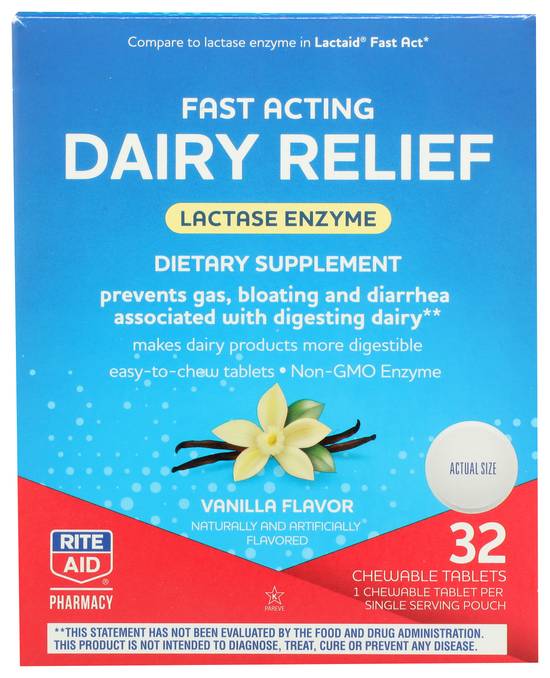 Order Rite Aid Dairy Relief Chewable Tablets Fast Acting Vanilla (32 ct) food online from Rite Aid store, Mckinleyville on bringmethat.com