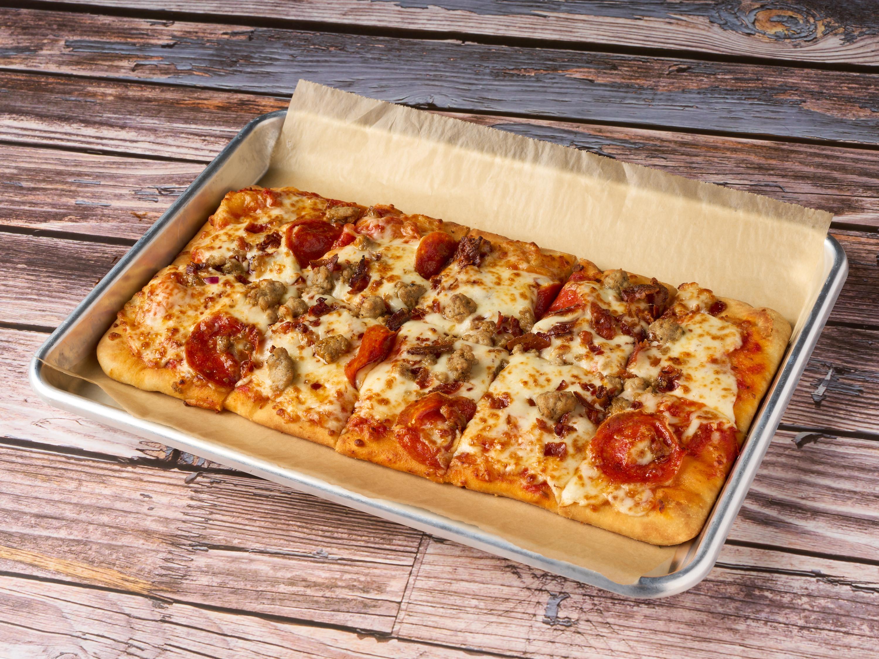 Order 3 Meat Flatbread (Sausage, Pepperoni, and Bacon) food online from Gone Axe Throwing store, Peoria on bringmethat.com