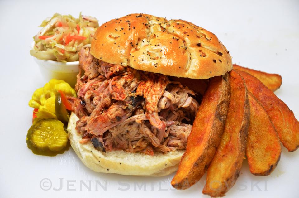 Order Pulled Pork Sandwich food online from Lazybones Smokehouse store, Roseville on bringmethat.com