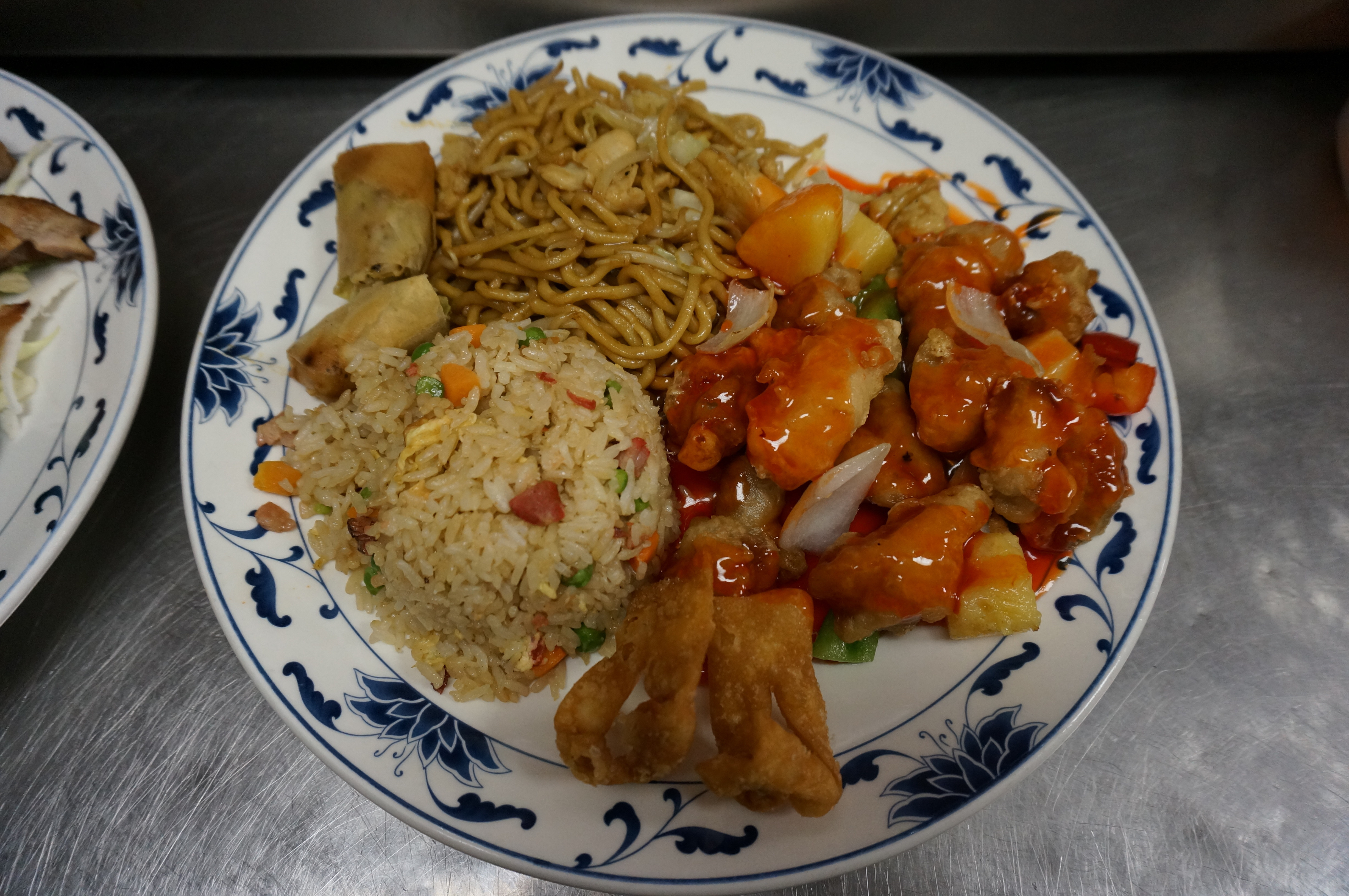 Order C1. Pork Fried Rice, Chicken Chow Mein, Sweet & Sour Pork, Fried Won Ton and Egg Roll Combo Plate food online from Mayflower Chinese store, Capitola on bringmethat.com