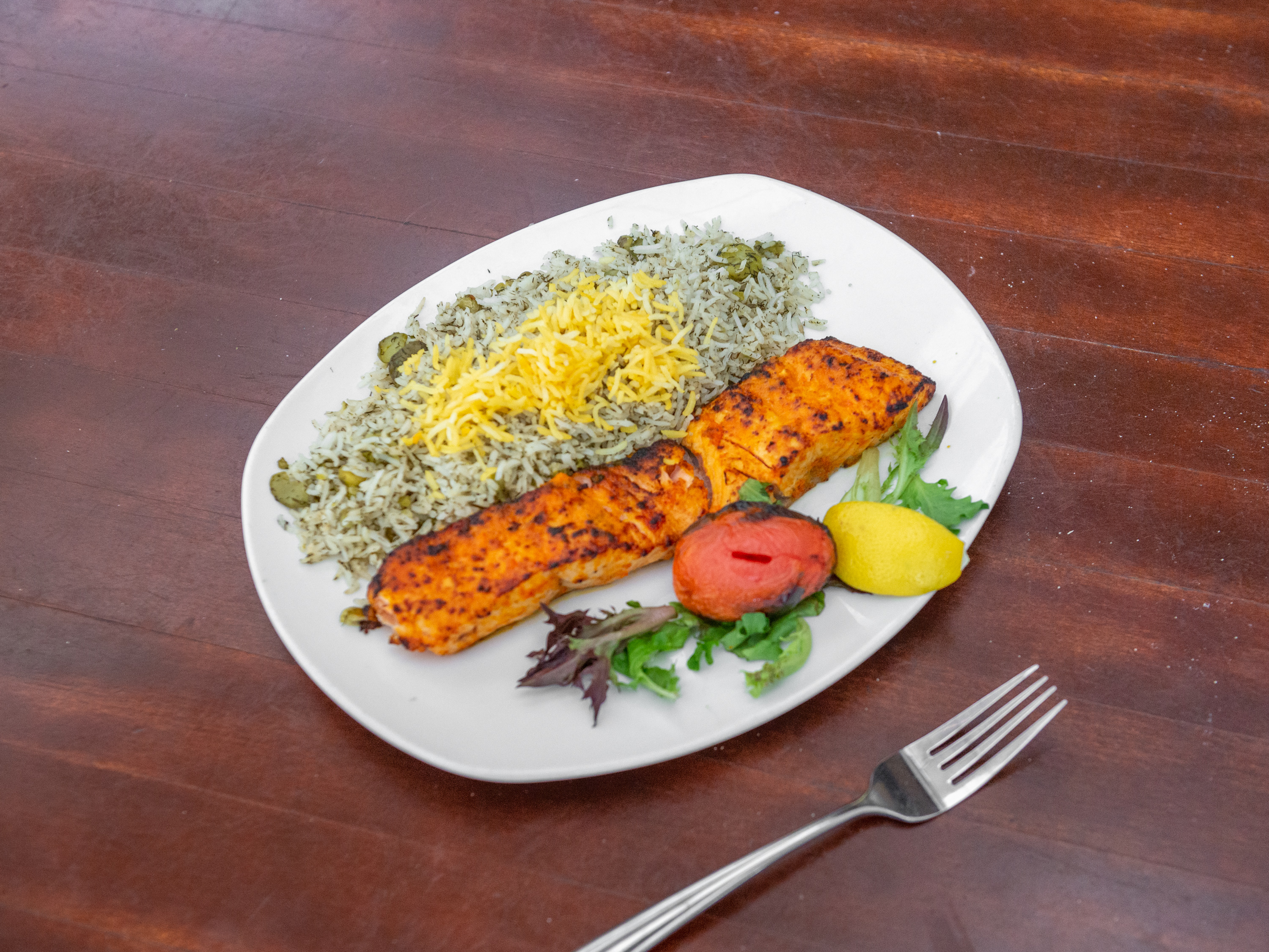 Order Salmon Kabob Dinner food online from Sufis: A Taste Of Persia store, Atlanta on bringmethat.com