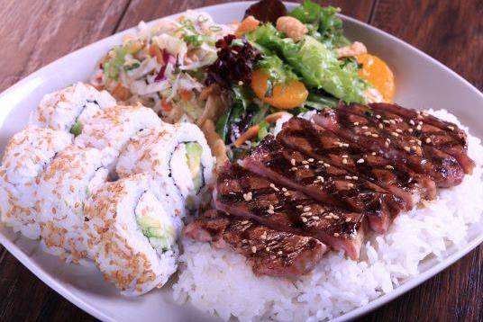 Order Steak and California Roll Combo Plate food online from Sansai Japanese Grill store, Carson on bringmethat.com