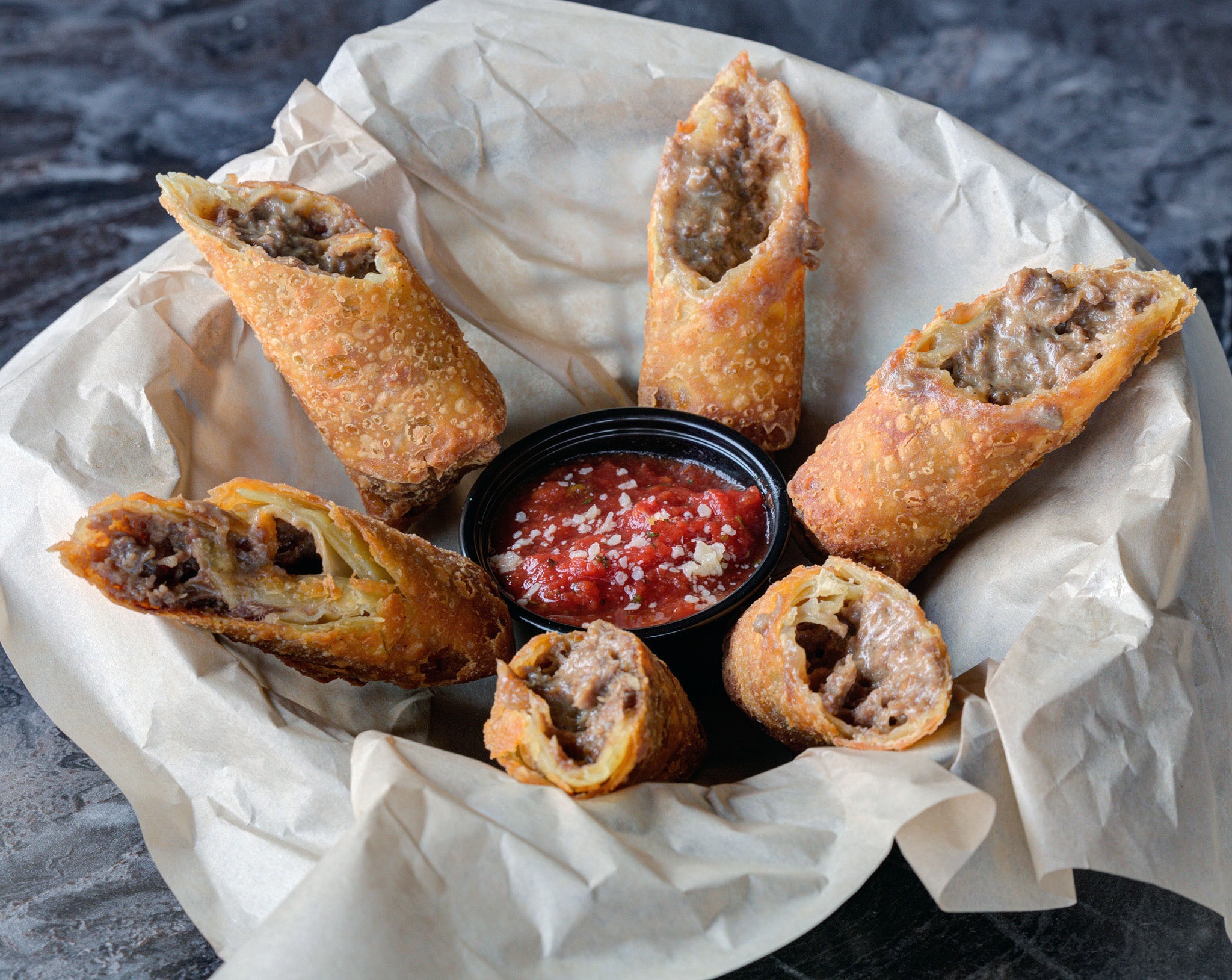 Order Philly Cheese steak egg rolls  food online from Sierra Madre Saloon store, Camp Hill on bringmethat.com