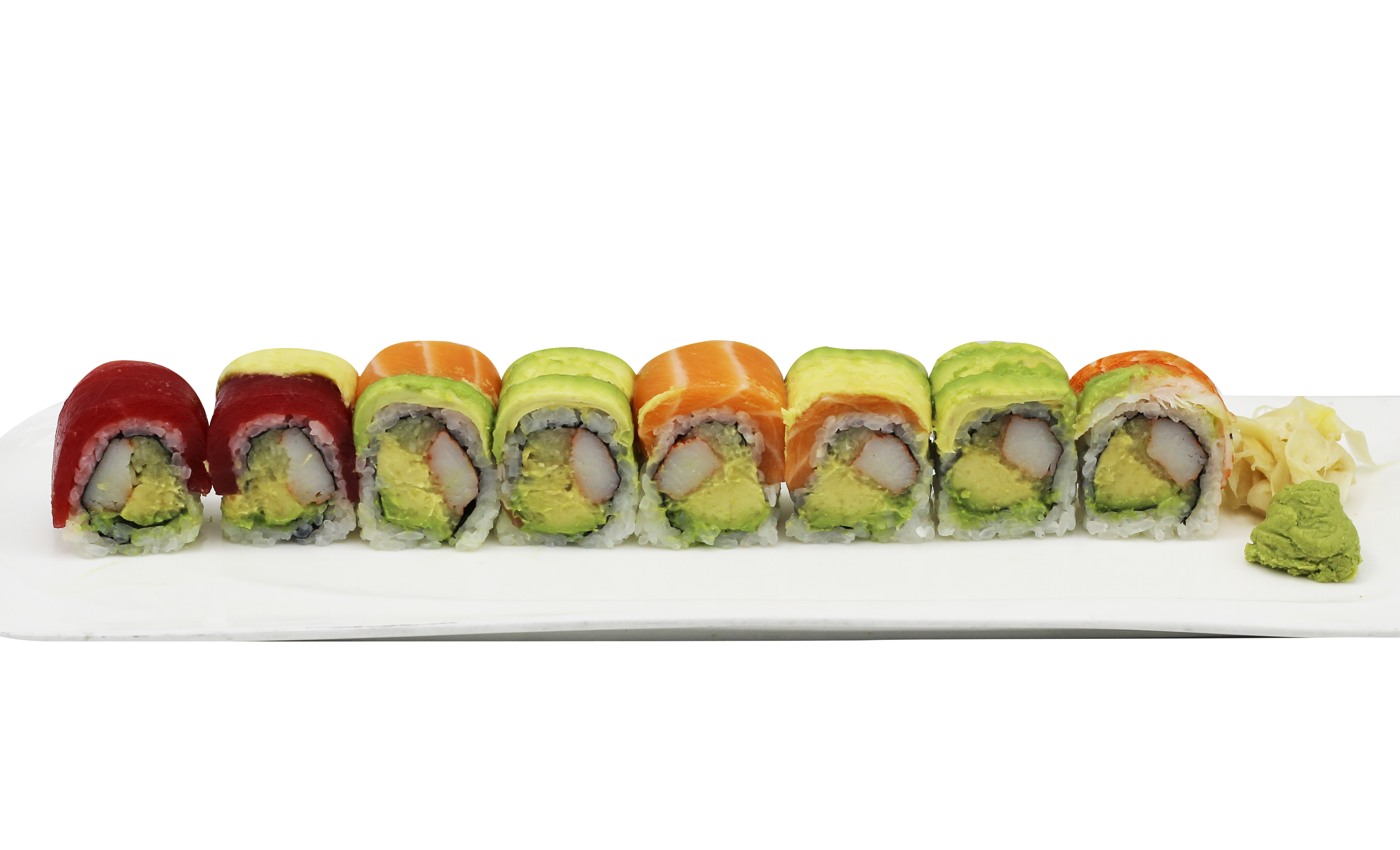 Order Rainbow Roll (8 pc.) food online from Chin-Chin Cafe store, Ashburn on bringmethat.com