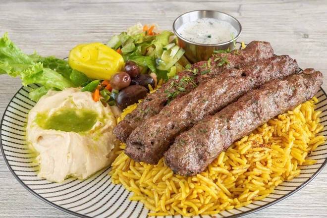 Order 36. Beef Kufta Kabob Plate food online from Pita Palace store, Franklin on bringmethat.com