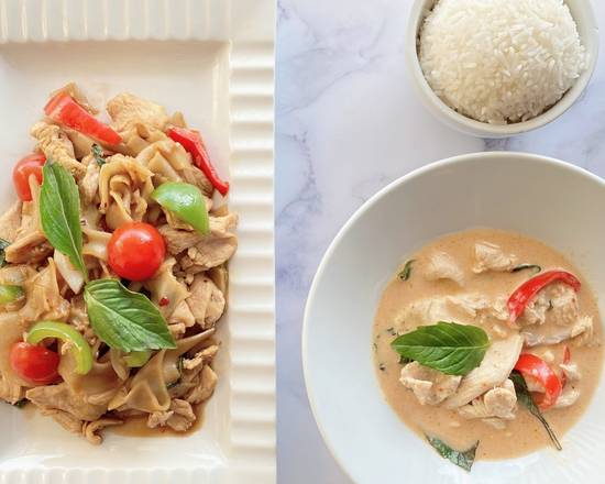 Order (Combo) Drunken Noodle (16oz) + Panang Curry (16oz) food online from Thai Curry store, Arlington on bringmethat.com