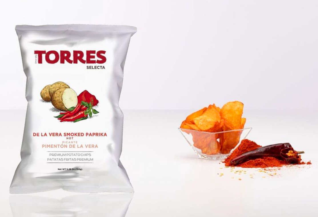 Order Torres Gourmet Potato Chips with Hot Paprika (150grs Bag) food online from Fine Chocolate Club store, San Francisco on bringmethat.com