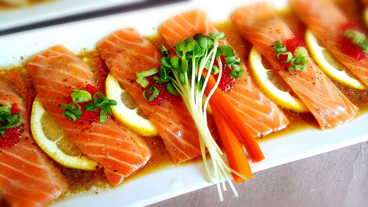 Order Salmon Carpaccio food online from Hoshi Sushi store, Fullerton on bringmethat.com