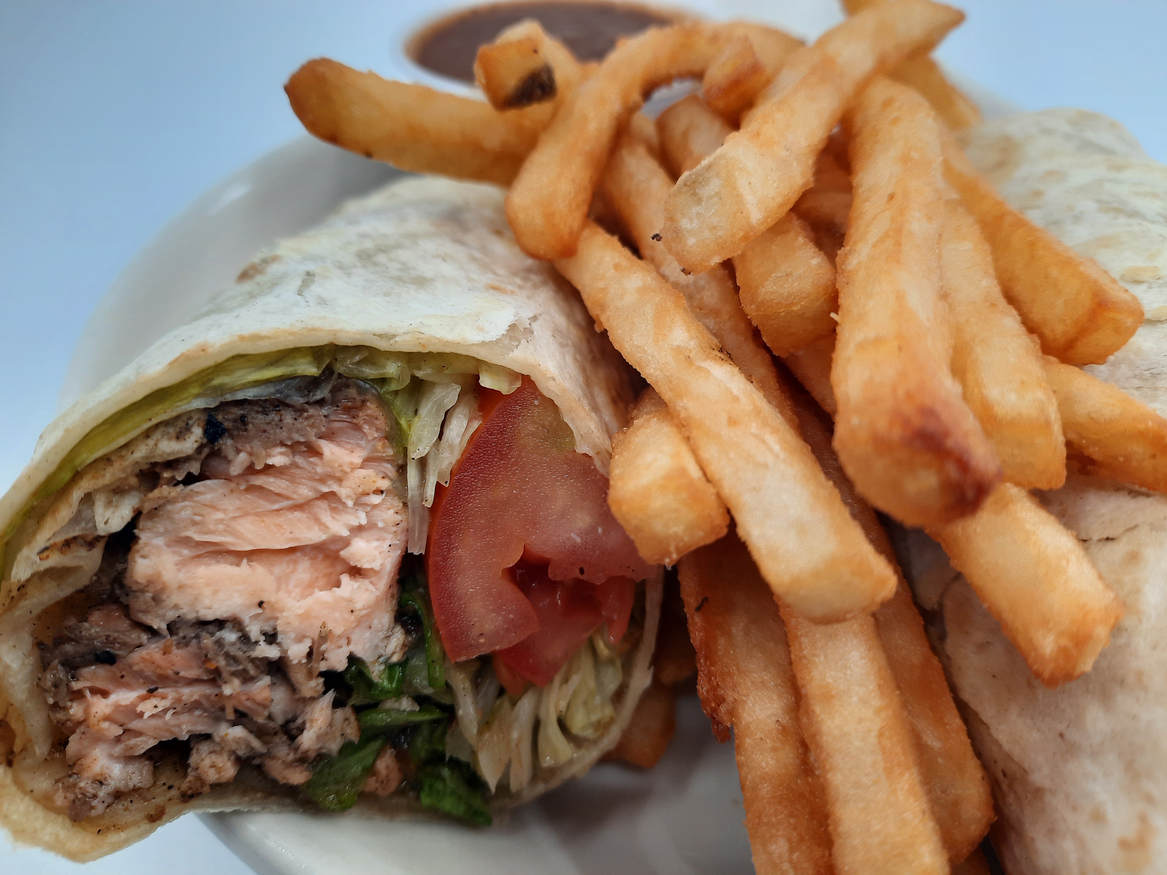 Order Jerk Salmon Wrap & Fries food online from Country Kitchen store, New Rochelle on bringmethat.com