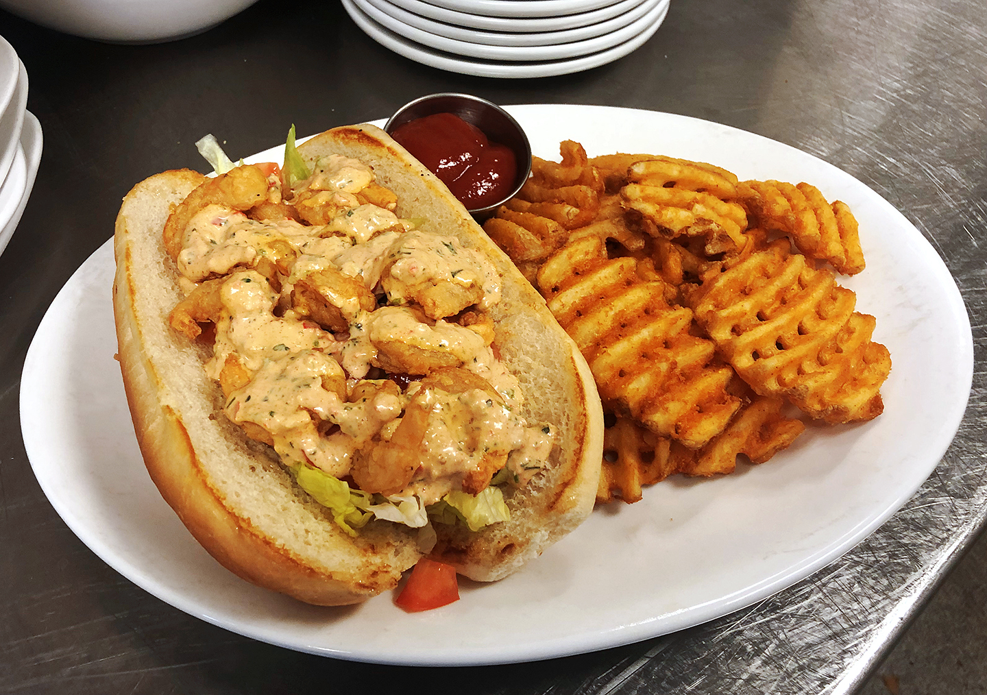 Order Shrimp Po' Boy food online from The Over/Under Bar & Grill store, Saint Louis on bringmethat.com