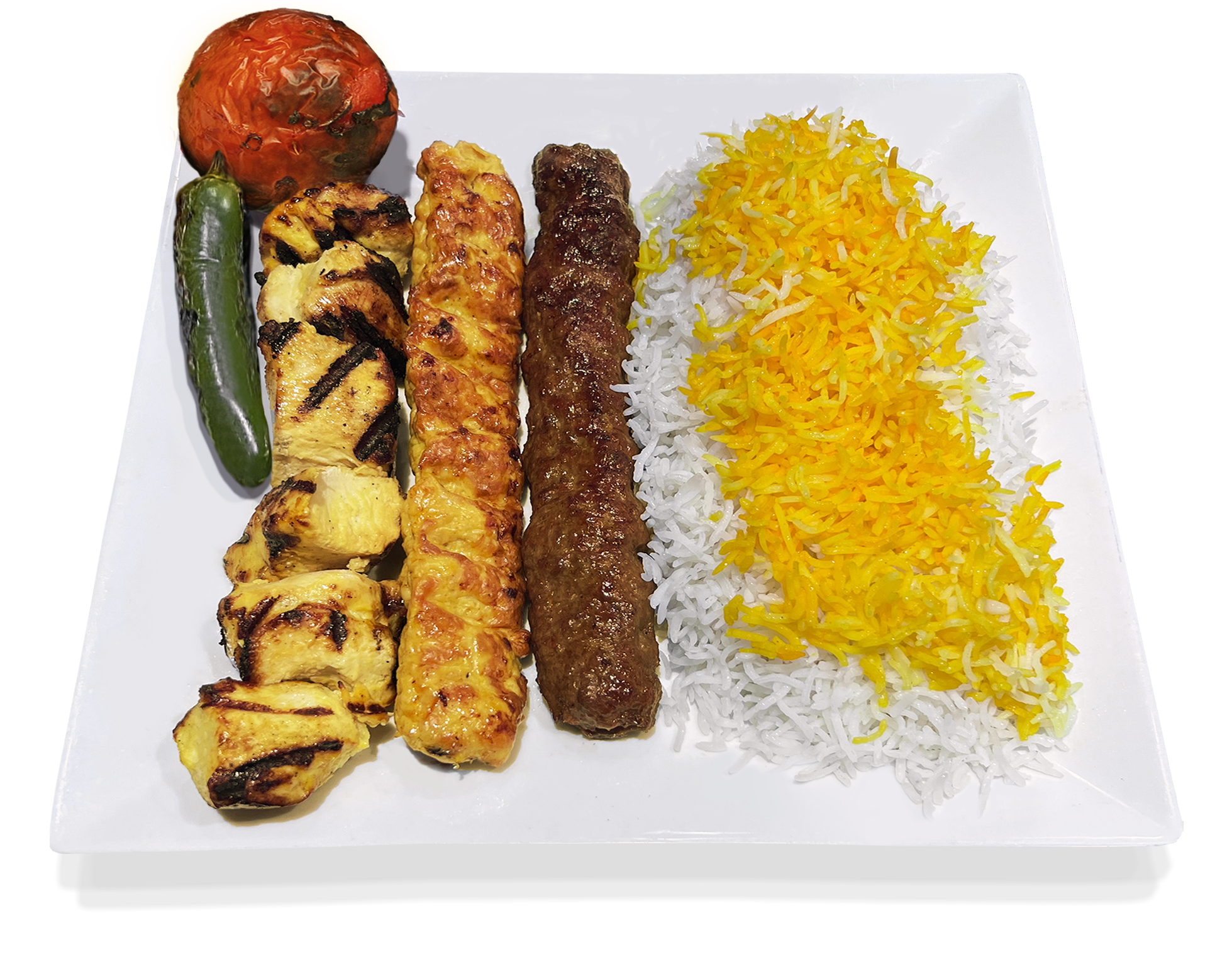 Order Plate #6: Persian Beef Koobideh, Chicken Koobideh and Chicken Shish Kabob Plate food online from Cafe Du Liban store, Los Angeles on bringmethat.com