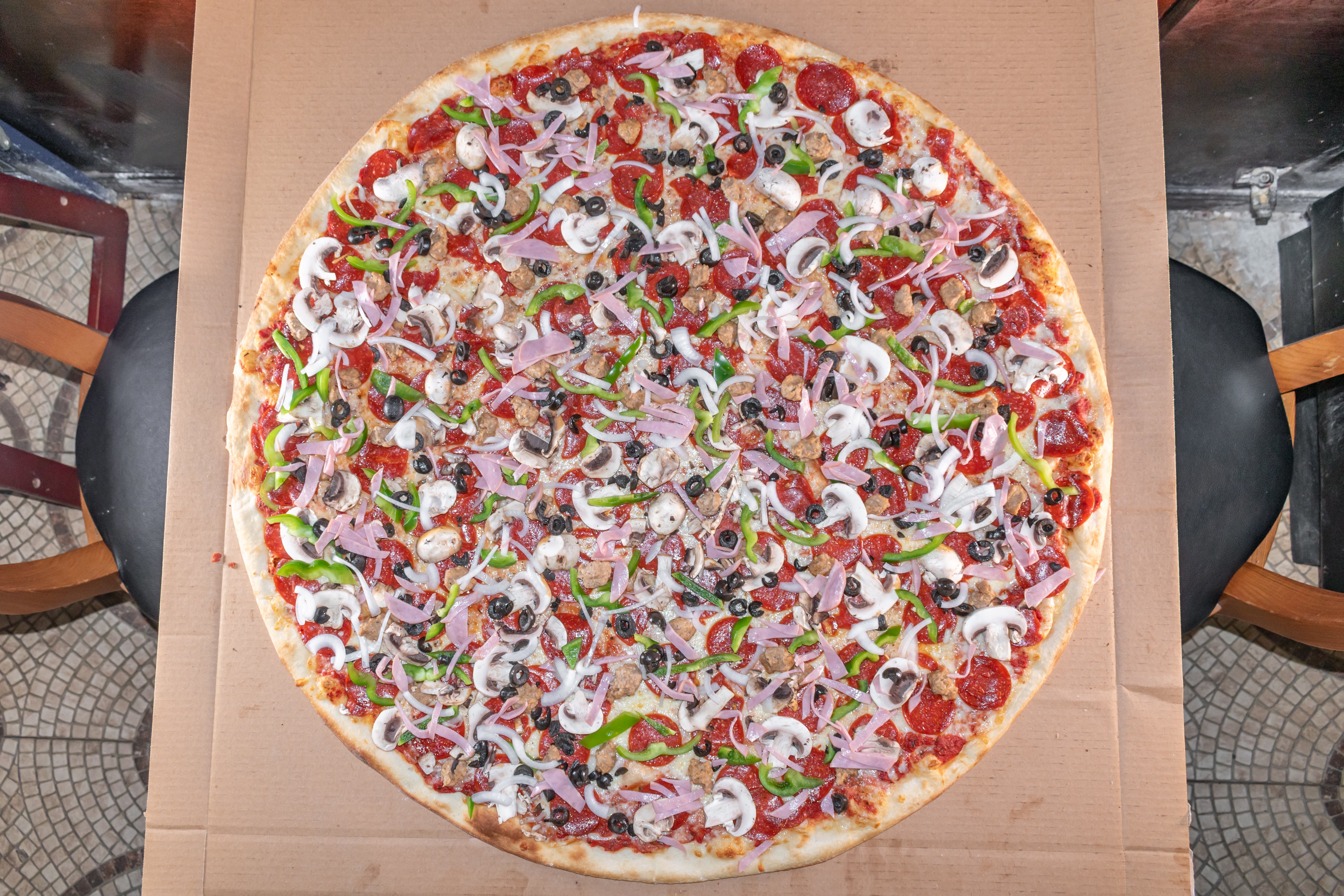 Order The Works Pizza - 12'' food online from Gotham Pizza store, Houston on bringmethat.com