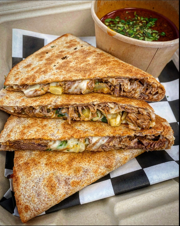 Order Birria Quesadilla w/ Consomme food online from Ready Set Prepd store, New Albany on bringmethat.com
