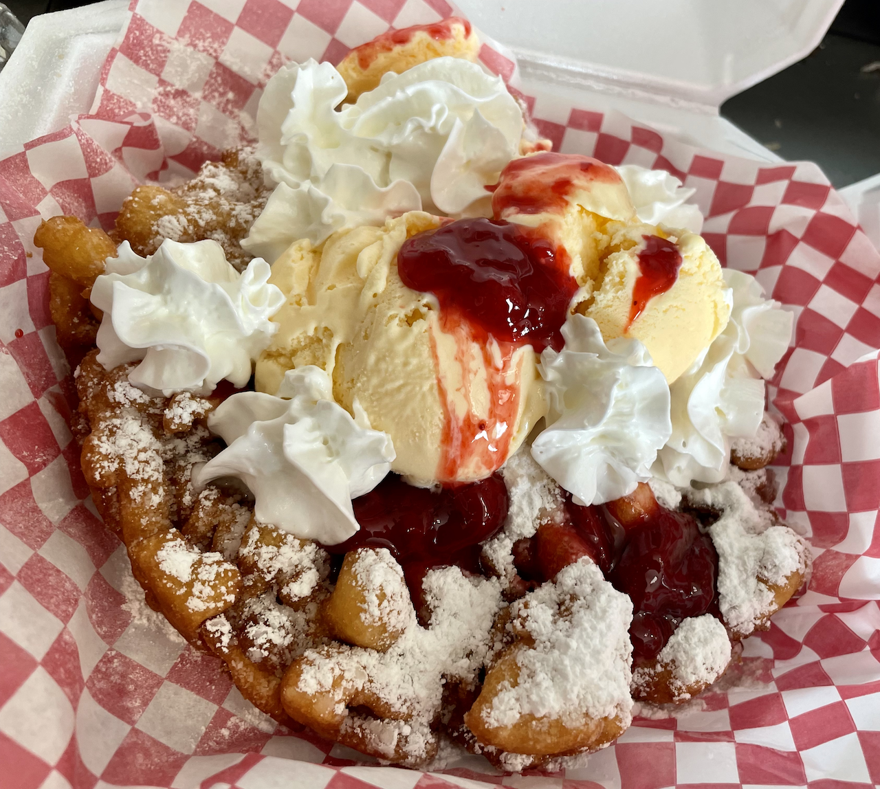 Order Loaded Funnel Cake food online from M & M Carnival Foods store, Midland on bringmethat.com