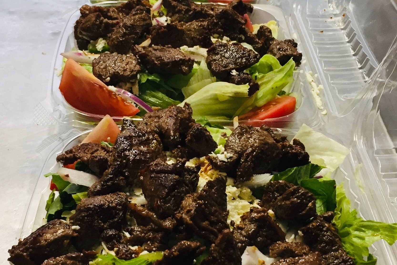 Order **Beef Kebob Salad food online from Pizza Queen store, Providence on bringmethat.com