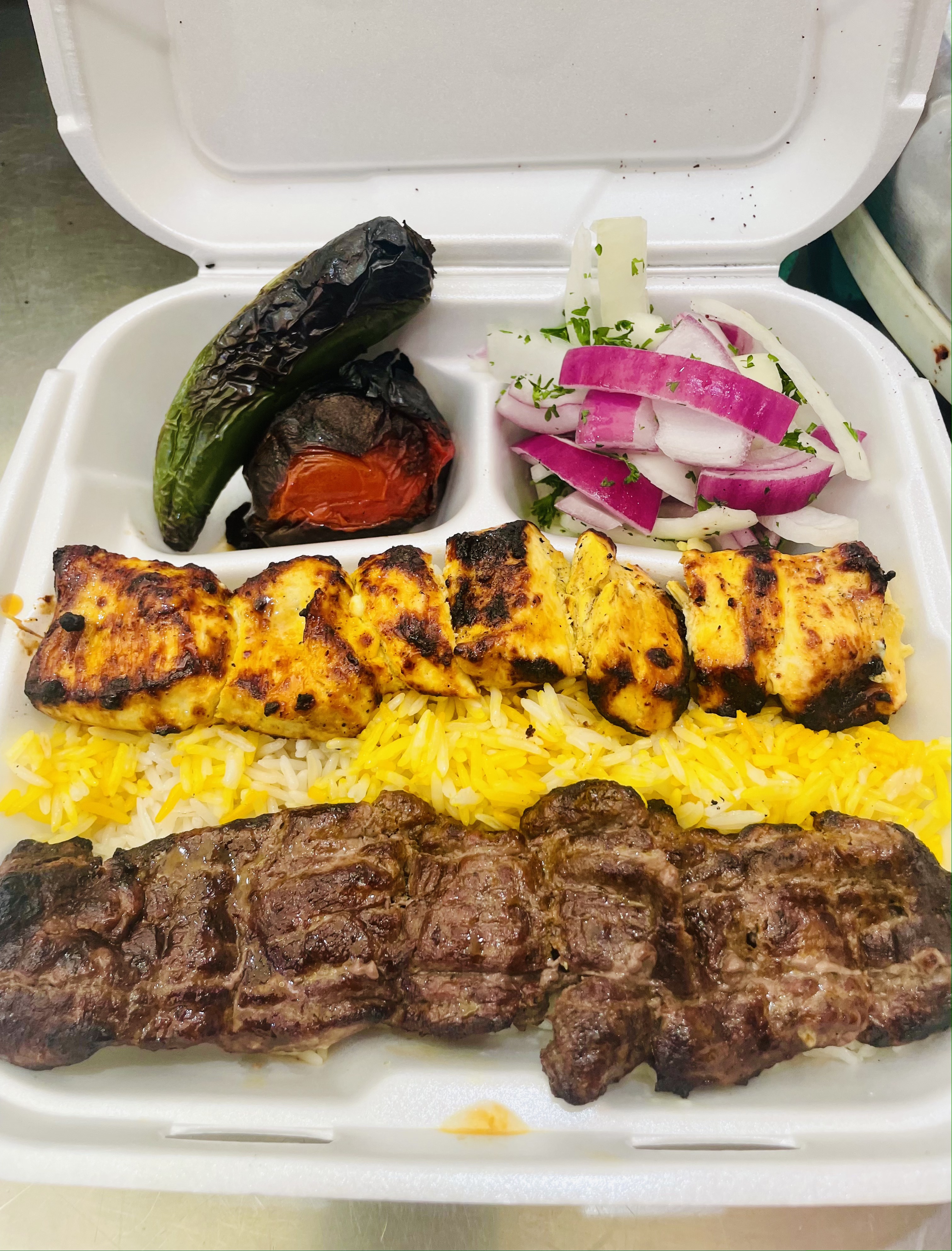 Order 37. Chicken breast and Beef shish Combo with Rice food online from Dream Kabob House store, Los Angeles on bringmethat.com