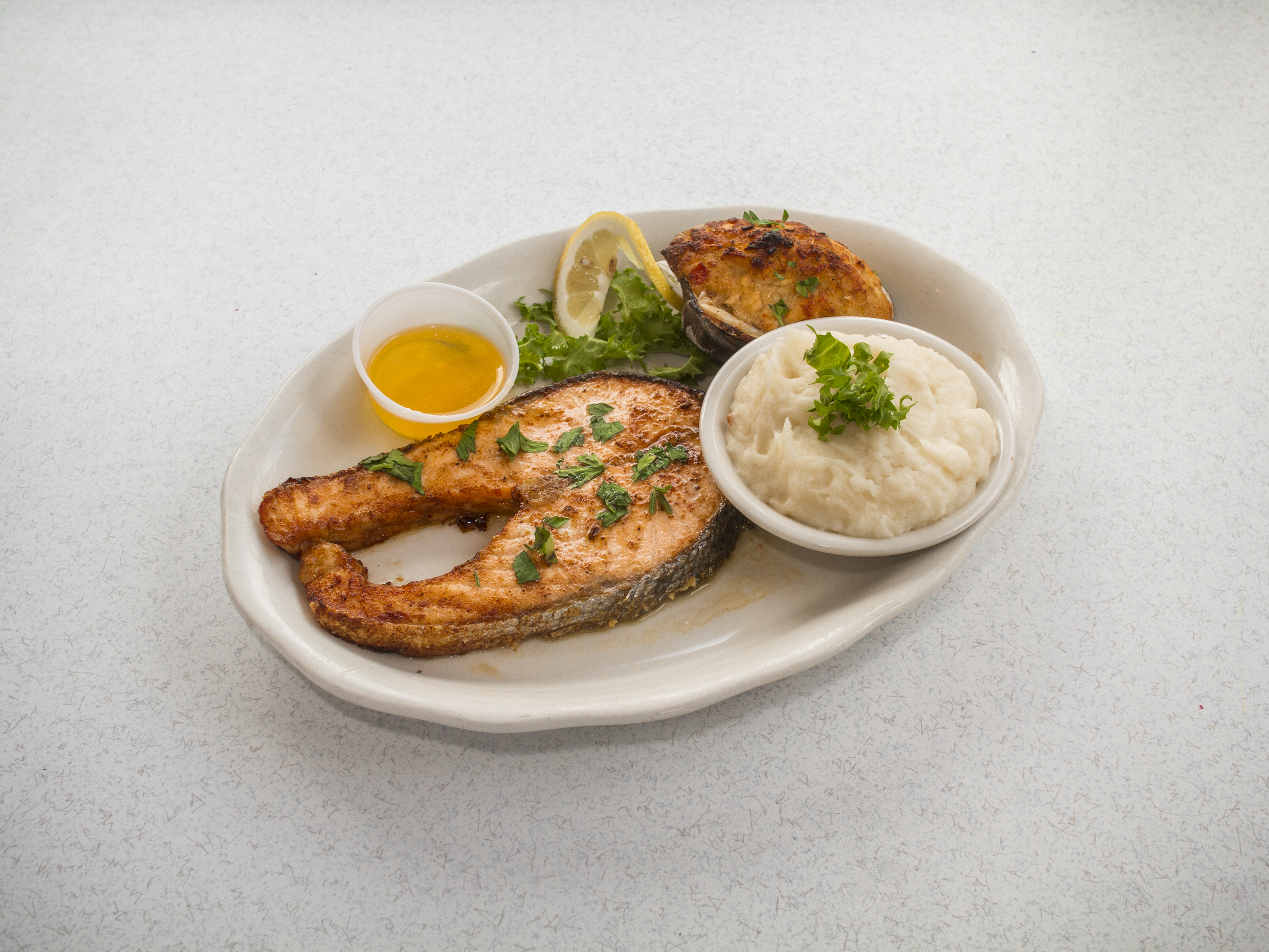 Order Broiled Fresh Salmon Steak Dinner food online from Four Star Diner store, Union City on bringmethat.com