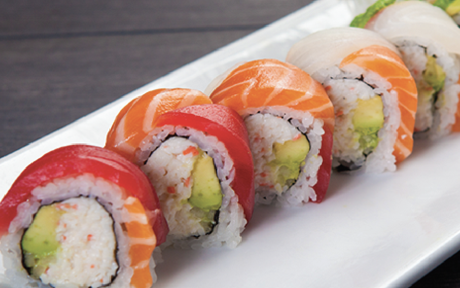 Order RAINBOW ROLL food online from Crazy Rockn Sushi store, Los Angeles on bringmethat.com