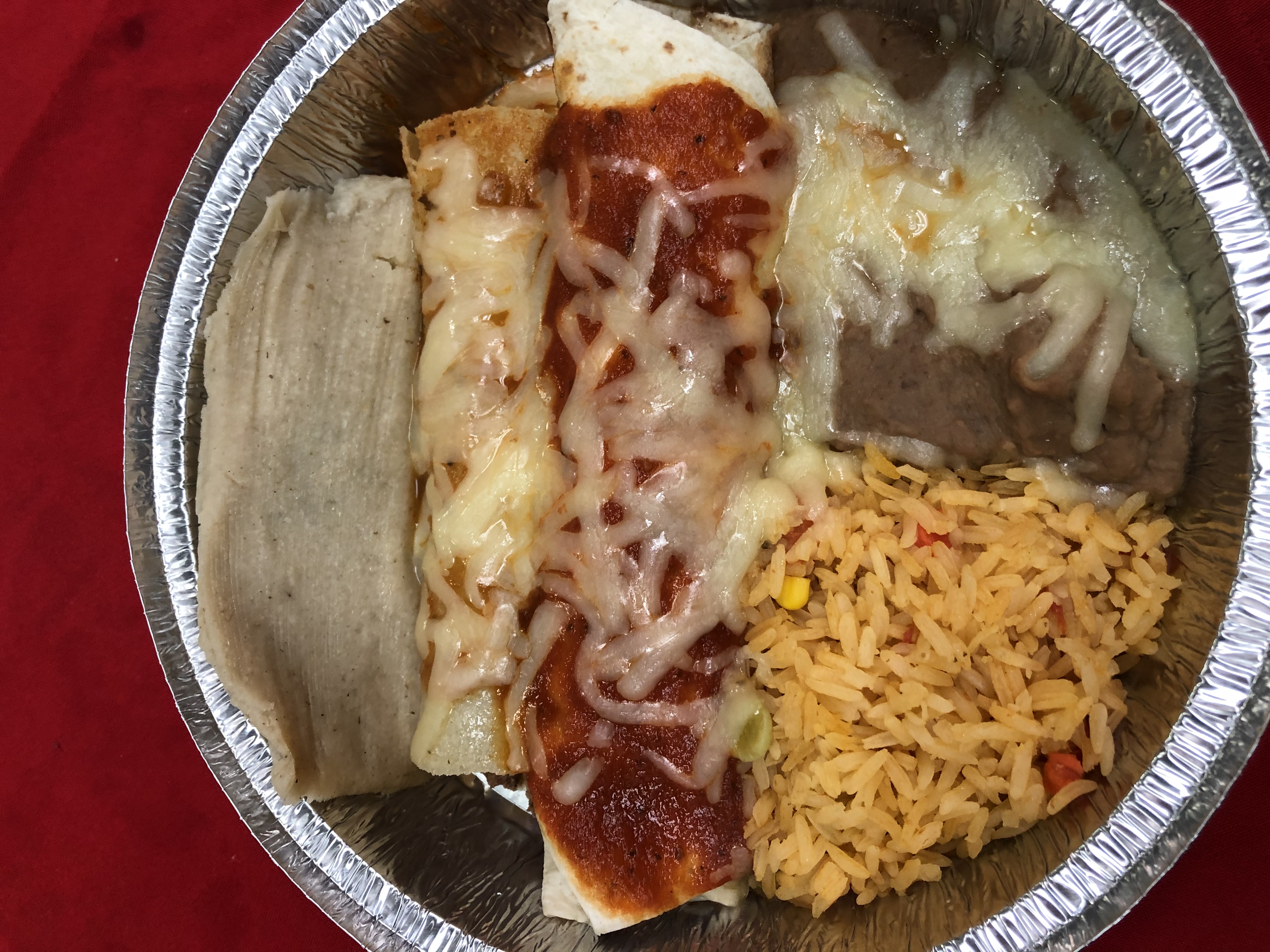 Order 14. One Beef Burrito, 1 Beef Enchilada and 1 Pork Tamale Combo Platter food online from Pancho's Mexican Restaurant store, Troy on bringmethat.com