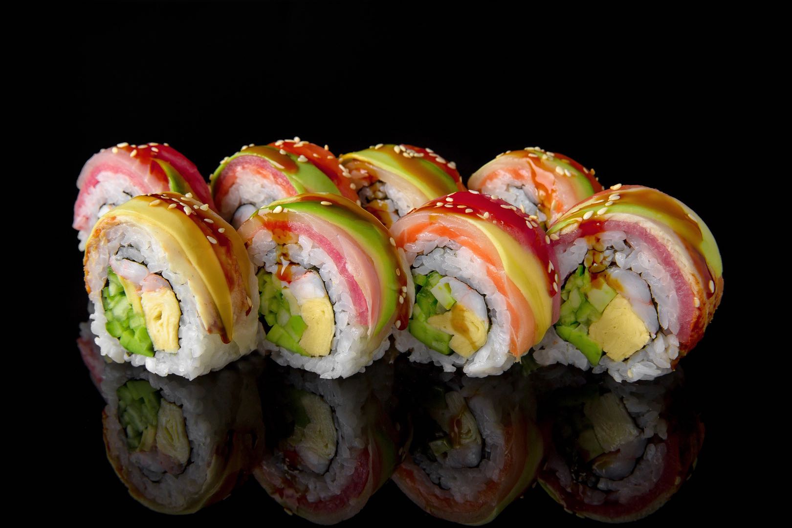 Order R13. Rainbow Roll food online from Teppanyaki Grill & Sushi Buffet store, Phillipsburg on bringmethat.com