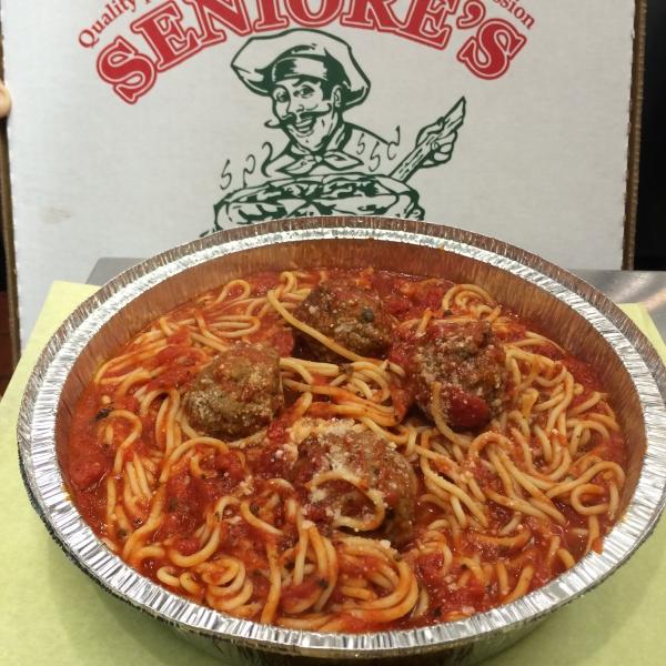Order 01. Spaghetti with Meatballs food online from Seniores Pizza store, San Francisco on bringmethat.com