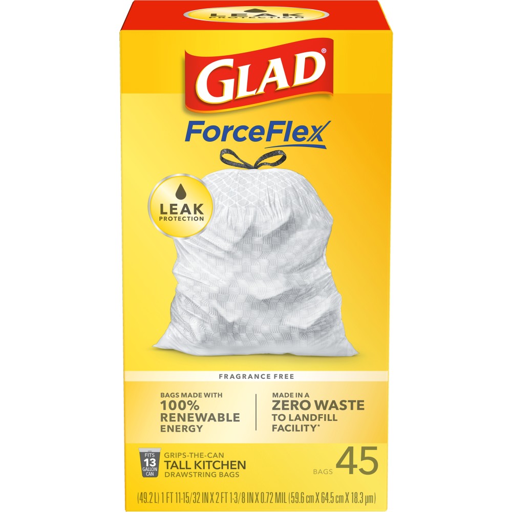 Order Glad ForceFlex Tall Kitchen Drawstring Trash Bags - 13 Gallon, 45 ct food online from Rite Aid store, Cathedral City on bringmethat.com
