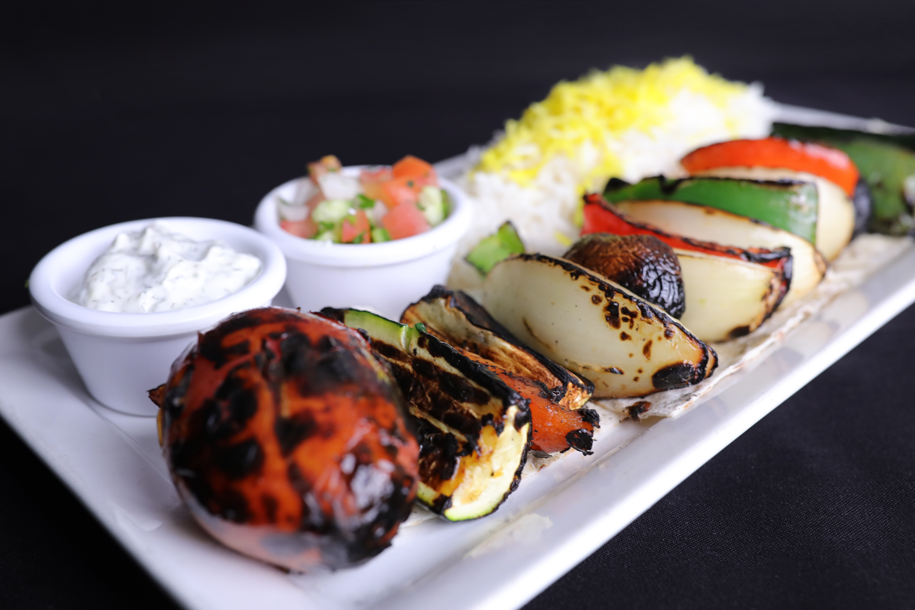 Order Veggie Kabob Plate food online from Port Restaurant & Bar store, Corona Del Mar on bringmethat.com
