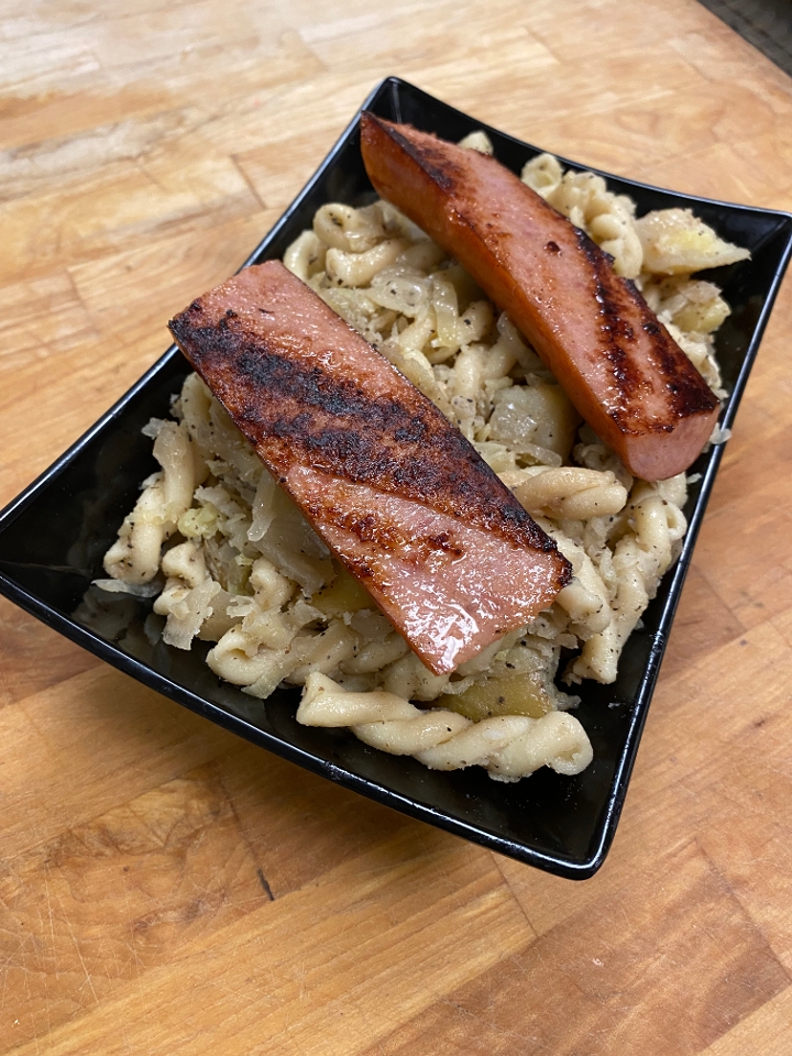 Order Polish Haluski w/ Grilled Kielbasa food online from Captain’s Curbside Seafood store, Trappe on bringmethat.com
