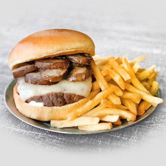 Order Mushroom Swiss Burger food online from Hurricane Sports Grill store, Wichita on bringmethat.com