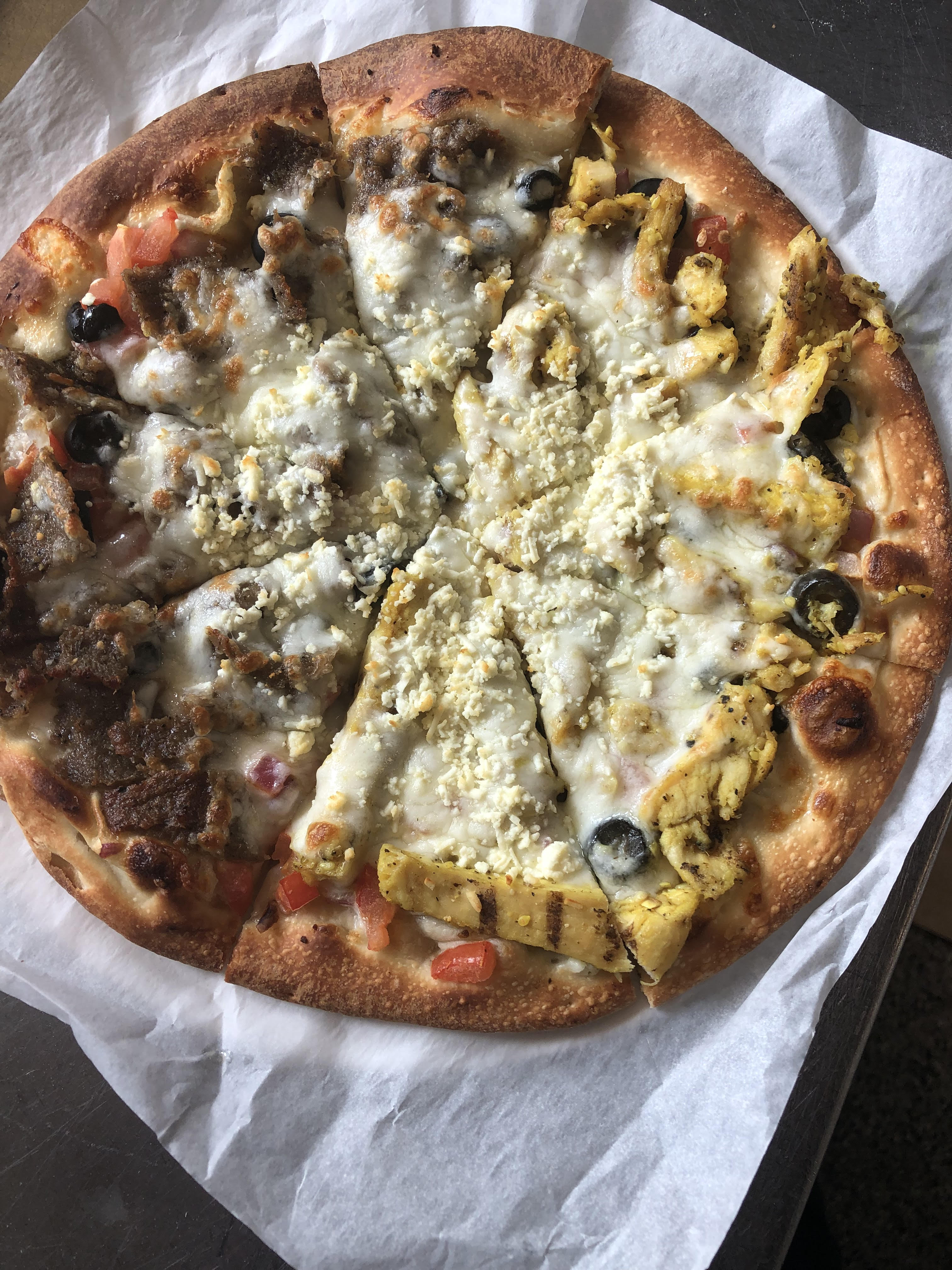 Order 1/2 Lamb 1/2 Chicken Pizza  food online from Gyro House store, Beaverton on bringmethat.com