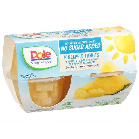 Order Dole · No Sugar Added Pineapple Tidbits with Monk Fruit (4 x 4 oz) food online from Albertsons Express store, Watauga on bringmethat.com