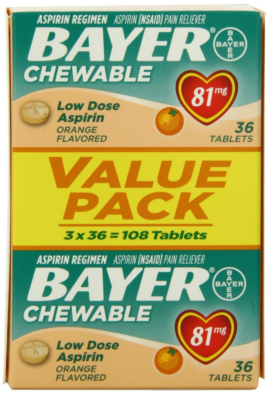 Order Bayer Aspirin Chewable Tablets, 81mg, Orange, 36 ct - 3 pk food online from Rite Aid store, Antelope on bringmethat.com