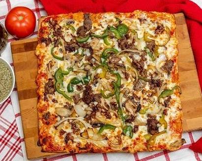 Order Philly Cheesesteak Pizza food online from Katsouprini Pizza Squared store, Washington on bringmethat.com