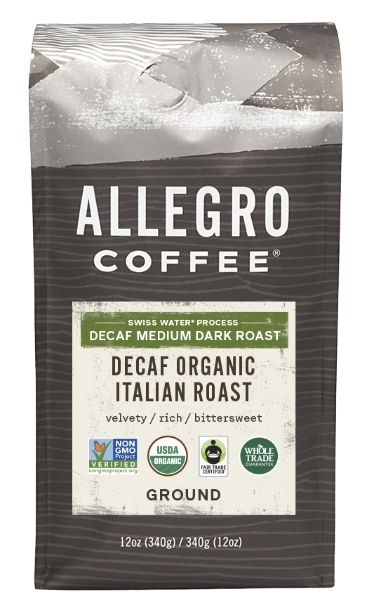 Order Decaf Organic Italian Roast (Ground Only/12 oz.) food online from Allegro Coffee store, Omaha on bringmethat.com