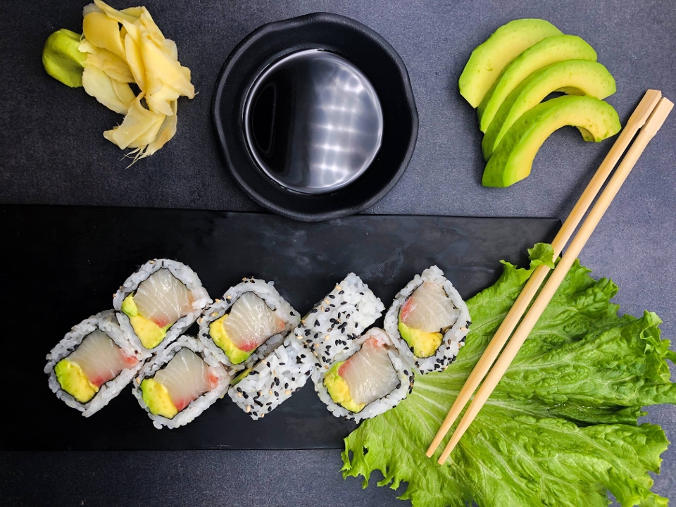 Order Hamachi+AVO Roll food online from Sushi Plus store, Redwood City on bringmethat.com