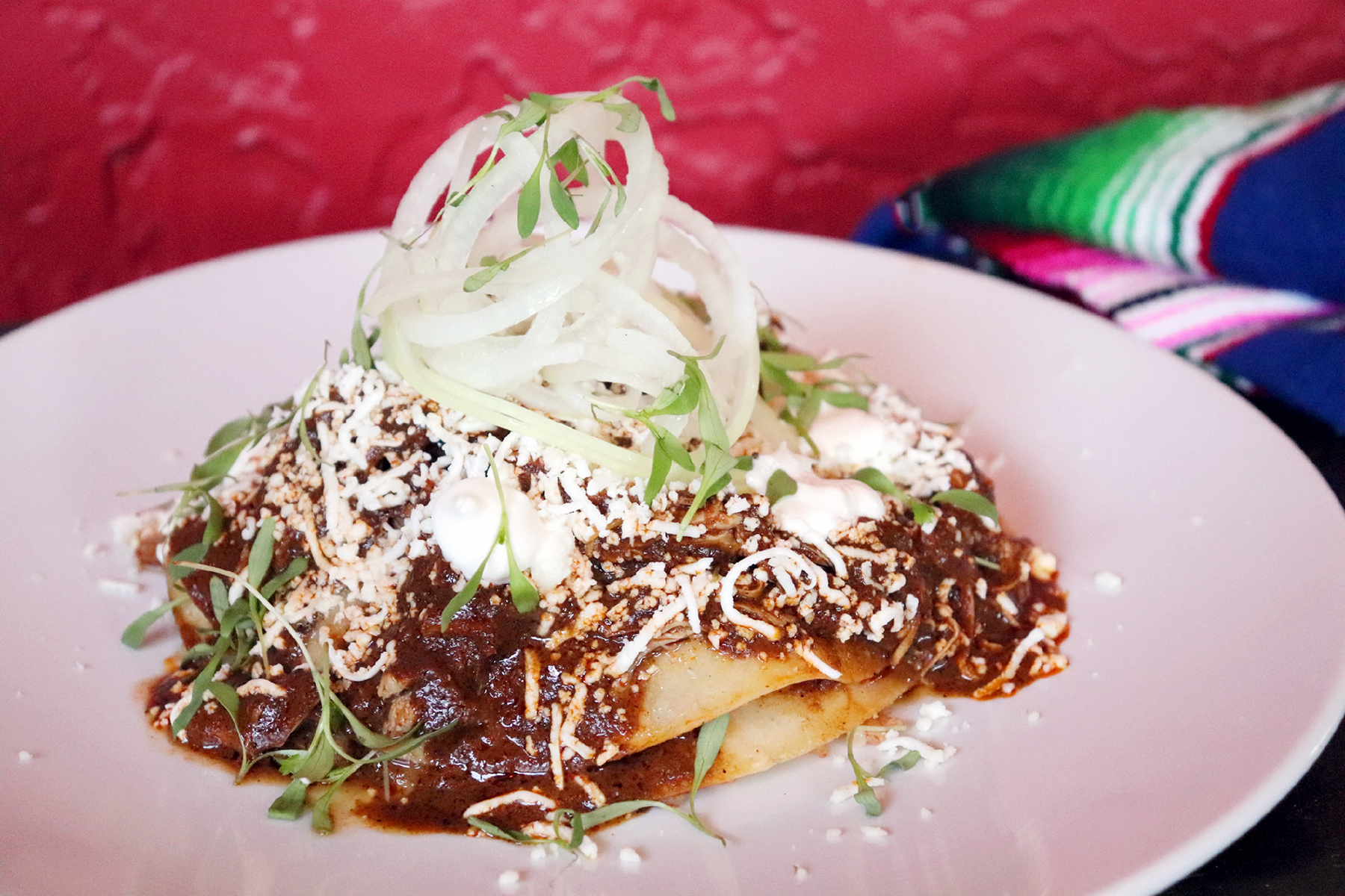 Order Open Face Poblano Mole Enchiladas food online from Little Onion Mexican Restaurant store, Santa Ana on bringmethat.com
