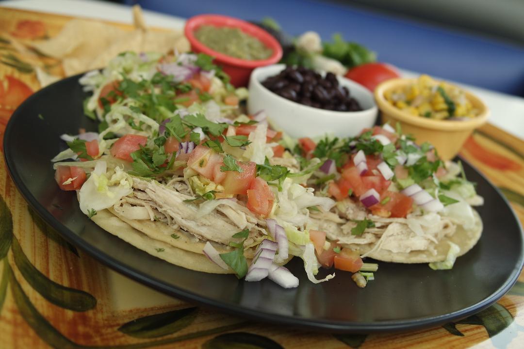Order 3 Chicken Soft Taco Plate, 8 oz beans, 2 oz Guaca, 8 oz Corn Salsa food online from Tacos And Wings store, Sunland on bringmethat.com