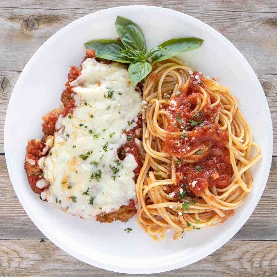 Order Veal Parmigiana - Entree food online from Lunetta pizza store, New York on bringmethat.com