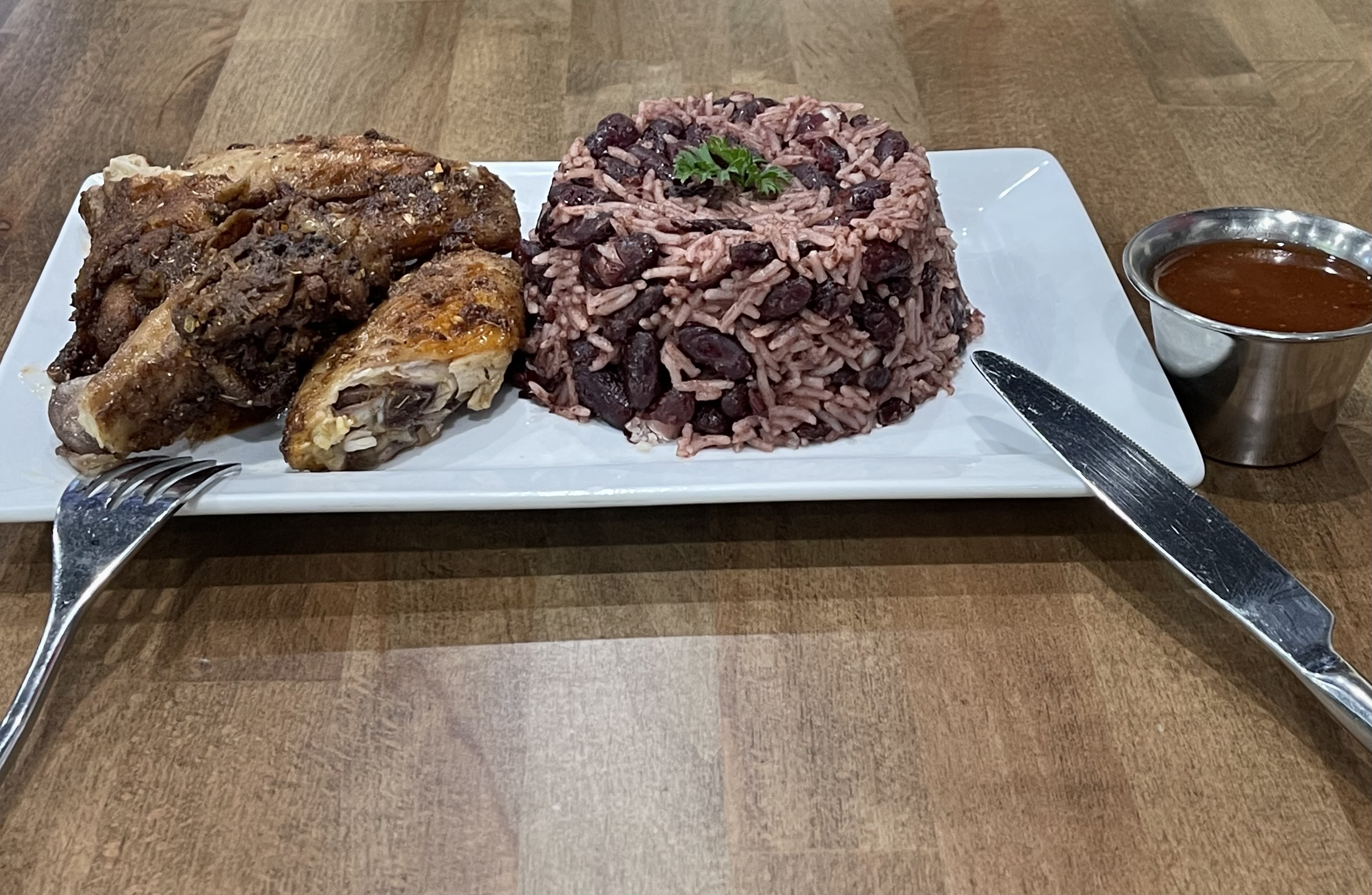 Order Rice + Peas + Jerk Chicken food online from Fusion Vibes Kitchen + Bar store, Richardson on bringmethat.com