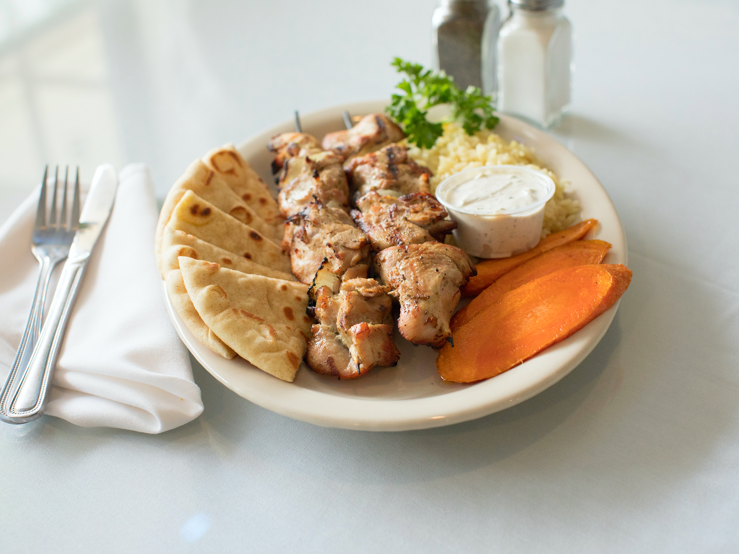 Order Chicken Souvlaki platter food online from Troy Greek Restaurant store, San Diego on bringmethat.com