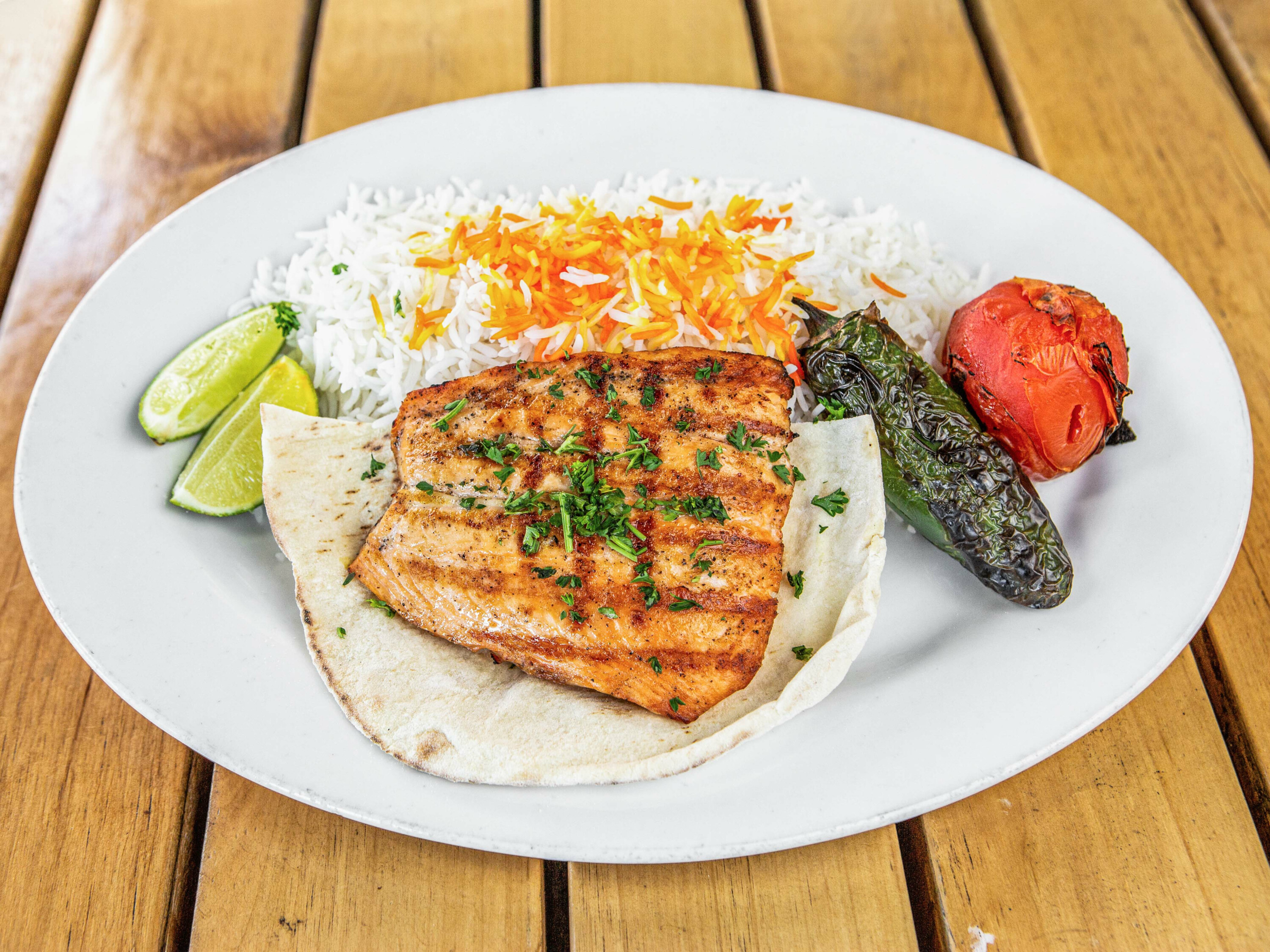 Order Salmon Kabob Plate food online from The Mediterranean Kitchen store, Los Angeles on bringmethat.com