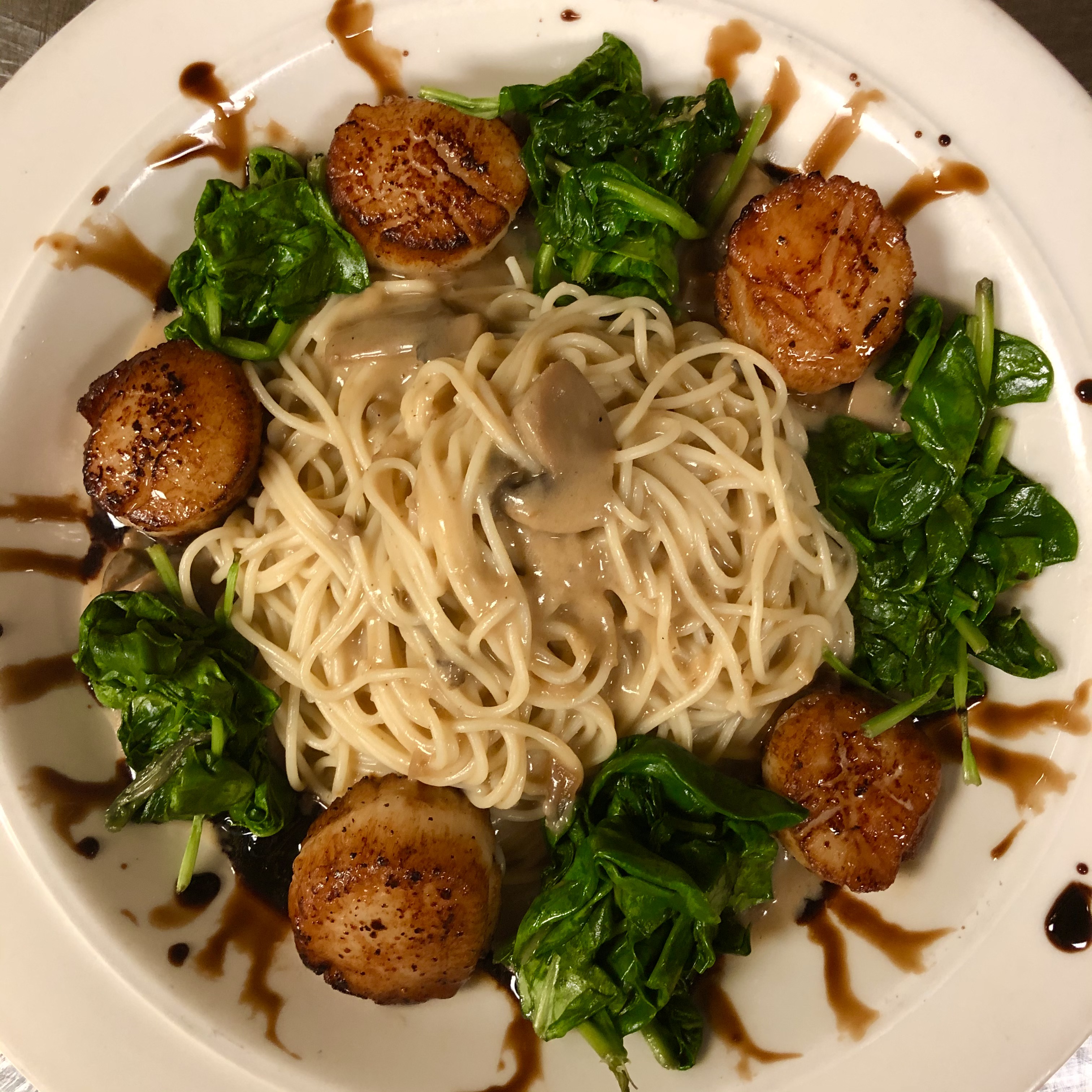 Order Fresh Sea Scallops Over Angel Hair food online from Two Steps Downtown Grille store, Danbury on bringmethat.com