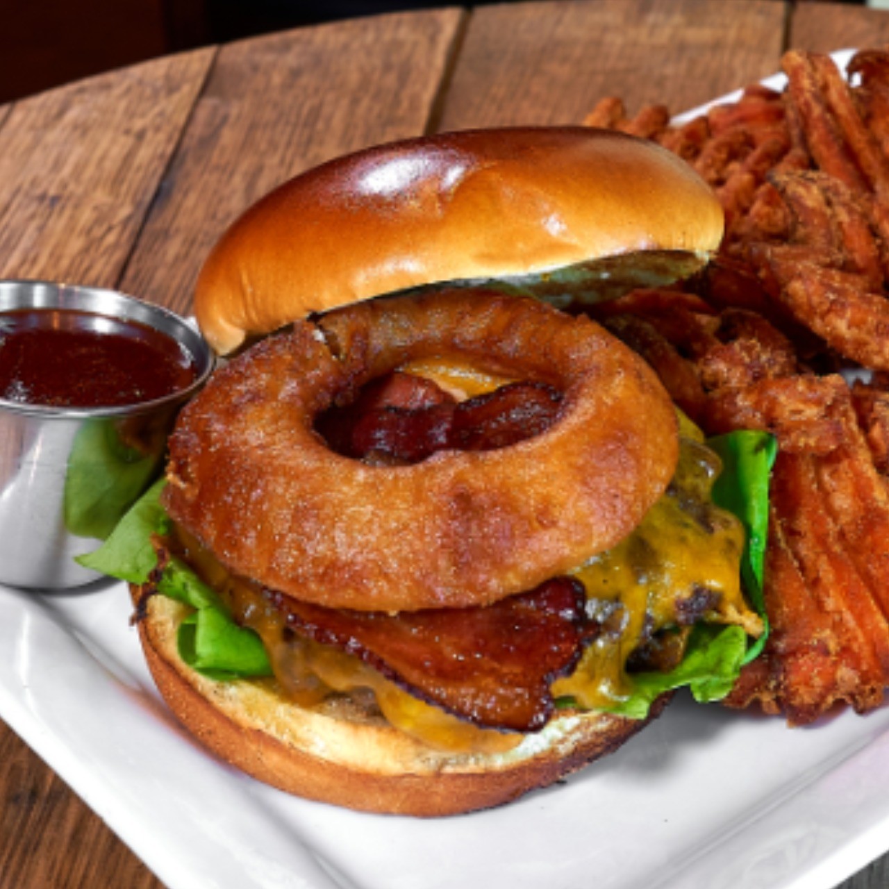 Order Southwest BBQ Burger food online from Jimmy E Bar + Grill store, Signal Hill on bringmethat.com
